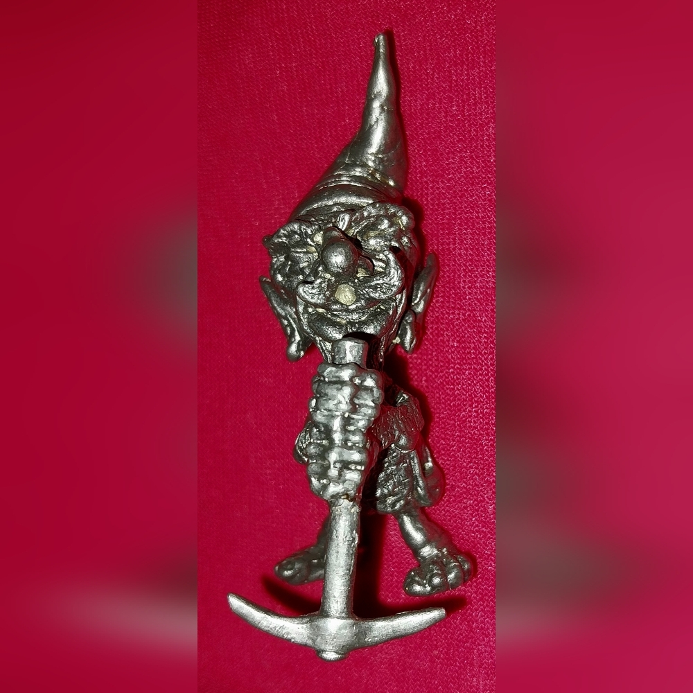 Vintage 1986 Angelo Roncari Pewter Gnome Figure w/ Pick Axe Ruby Earring Signed